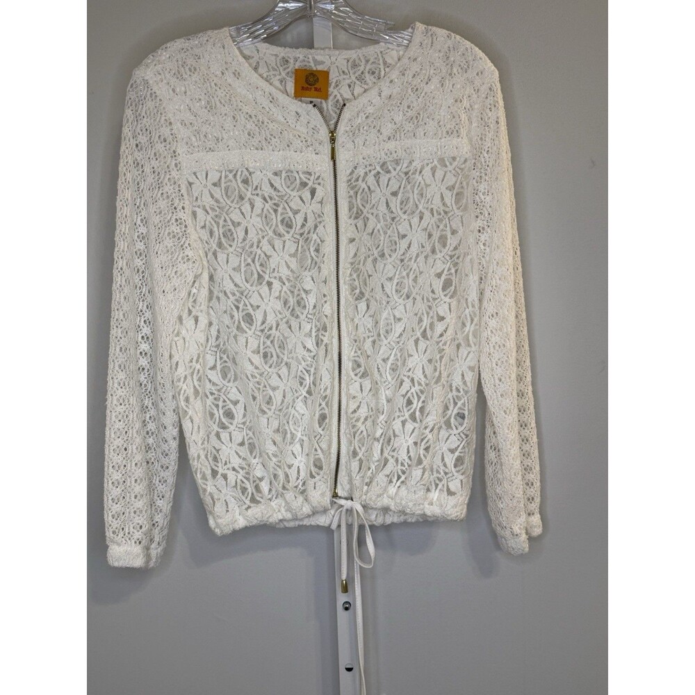 Ruby Rd. Women’s 10 White Lace Zip Jacket Sheer Long Sleeve Drawstring Hem Boho